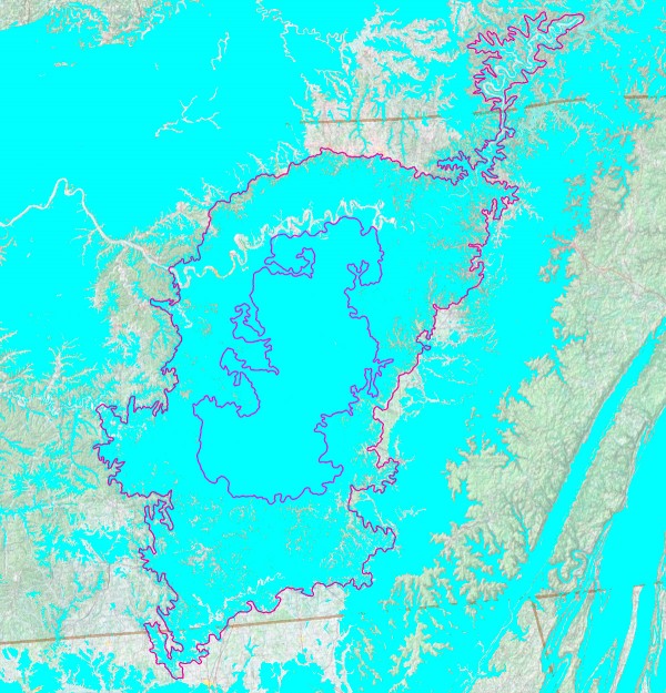 Limestone karst (blue) in the Nashville Basin.