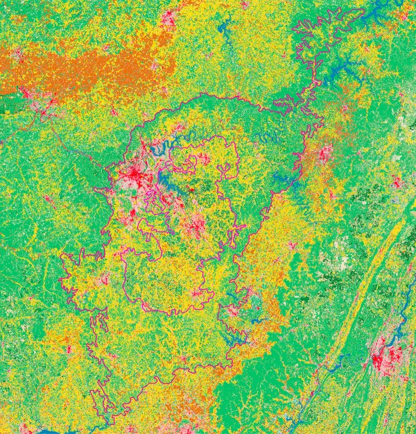 Nashville Basin land use. Yellow=pasture, green=forest, brown=crops, red or pink=urban